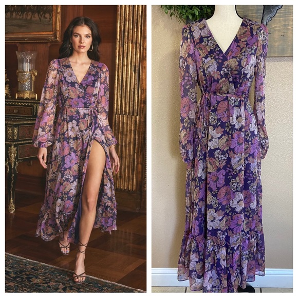 Lulus Dresses & Skirts - NWOT Lulus Feeling Sweet Purple Floral Print Long Sleeve Wrap Maxi Dress
